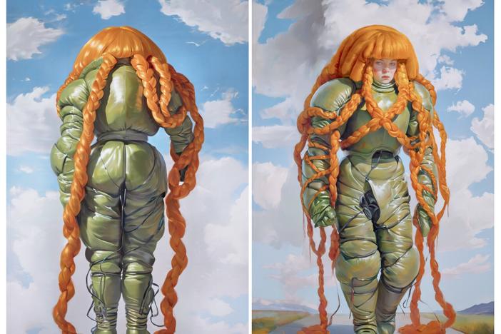 A diptych from Holly Herndon and Mat Dryhurst's "xhairymutantx". The work, originally commissioned as part of a larger piece for the 2024 Whitney Biennial, is among those offered for sale at Christie's landmark AI art auction.