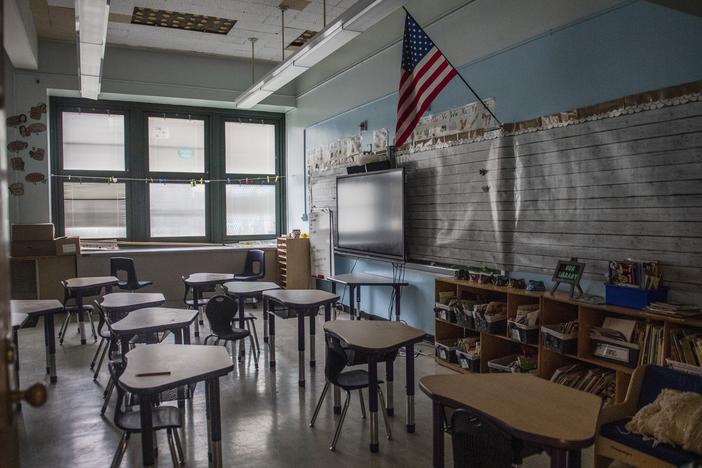 An empty elementary school classroom is seen on Tuesday, Aug. 17, 2021 in the Bronx borough of New York.