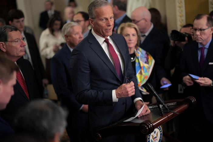 U.S. Senate Majority Leader John Thune, R-S.D., delivers remarks following the weekly policy luncheon at the U.S. Capitol on Feb. 11, 2025.