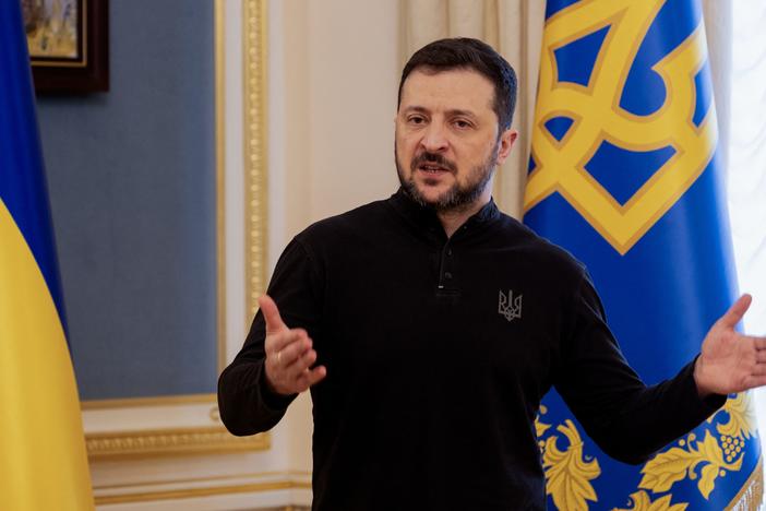 Ukraine's President Volodymyr Zelenskyy speaks to reporters in Kyiv on Wednesday.