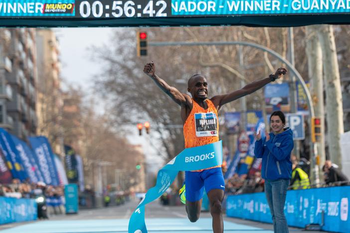 Race winner Jacob Kiplimo breaks the world record at the eDreams Mitja Marato de Barcelona, on Sunday in Barcelona, Catalonia, Spain.