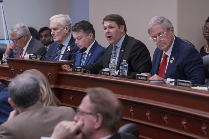 House Budget Committee Chairman Jodey Arrington, R-Texas, (center), flanked by Rep. Brendan Boyle, D-Pa., the ranking member (left), and Rep. Ralph Norman, R-S.C., (right). House Republicans work on a budget plan to advance President Trump's priorities, including $4.5 trillion in tax cuts, on Capitol Hill in Washington on Feb. 13.