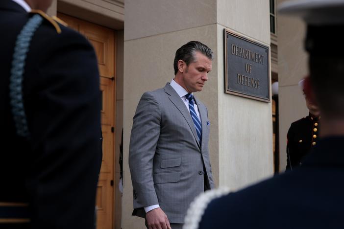 Secretary of Defense Pete Hegseth steps out to welcome Israeli Prime Minister Benjamin Netanyahu to the Pentagon during an honor cordon on Feb. 5.