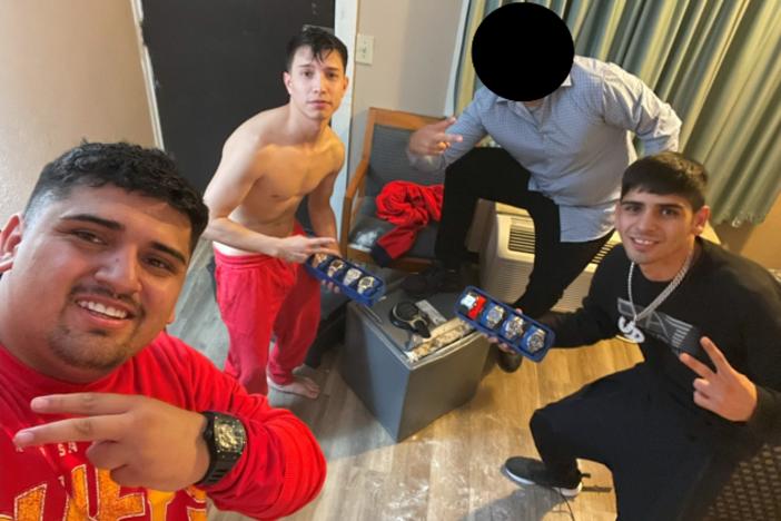 A photo from an FBI affidavit shows, from left, Pablo Zuniga Cartes, Ignacio Zuniga Cartes and Bastian Jimenez Freraut, along with an unidentified person whose face is redacted. The FBI says the image, procured from an iCloud account, was taken minutes after a Milwaukee Bucks player's home was burglarized.
