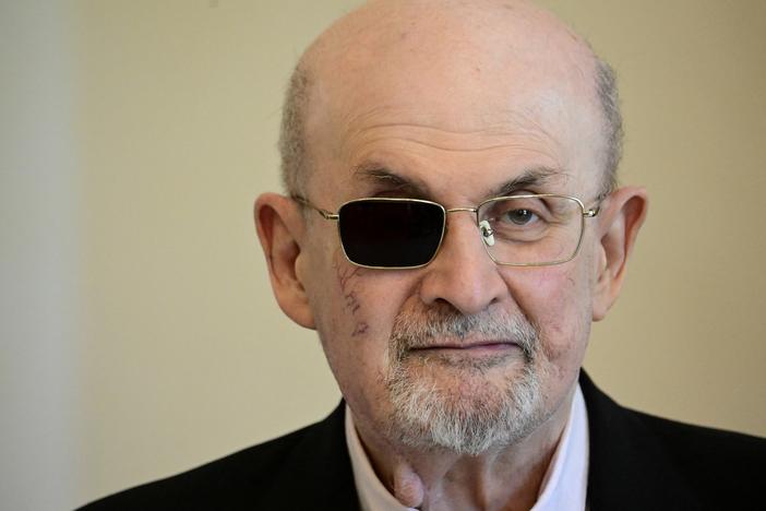 Indian-British novelist Salman Rushdie is welcomed by the German President (not in picture) at the presidential Bellevue Palace in Berlin in 2024.