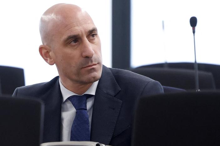 Former president of the Spanish football federation Luis Rubiales, is seen during his trial in a courtroom outside of Madrid earlier this month. He was found guilty of sexual assault over his unsolicited kiss on player Jenni Hermoso.
