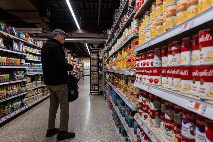 Canned soup and vegetables are displayed for sale in a New York City grocery store on Feb. 11. Some food and beverages could cost more if steel and aluminum can prices rise in response to U.S. tariffs.