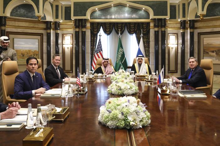 From left, U.S. Middle East envoy Steve Witkoff, Secretary of State Marco Rubio, National Security Advisor Mike Waltz, Saudi Arabia's Foreign Minister Prince Faisal bin Farhan al-Saud, National Security Advisor Mosaad bin Mohammad al-Aiban, the Russian president's foreign policy advisor Yuri Ushakov, and Russia's Foreign Minister Sergei Lavrov meet in Saudi Arabia on Tuesday. Not invited: anyone from Ukraine.