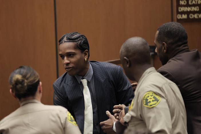 Rakim Mayers, aka A$AP Rocky, reacts in court as the verdict is given in his felony assault trial in Los Angeles on Feb. 18. The rapper  was found not guilty of two felony counts of assault with a semiautomatic firearm.
