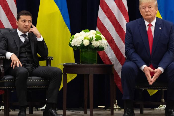 President Trump and Ukrainian President Volodymyr Zelenskyy, seen here at the United Nations in 2019, have had a fraught relationship dating back years. Trump is now calling Zelenskyy a "Dictator," and Zelenskyy says it seems like Trump is living in a Russian-made "disinformation space."