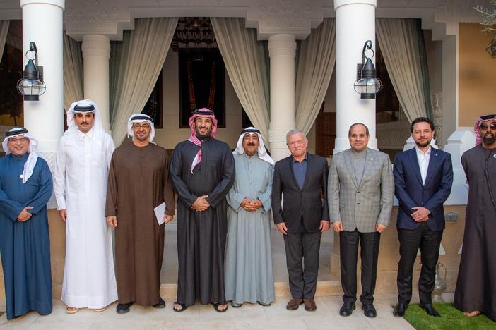 This handout picture shows (from L) Bahrain's Crown Prince and Prime Minister Salman bin Hamad al-Khalifa, Qatar's Emir Sheikh Tamim bin Hamad Al-Thani, UAE President Sheikh Mohamed bin Zayed al-Nahyan, Saudi Crown Prince Mohammed bin Salman, Kuwait's Emir Sheikh Meshal al-Ahmad al-Jaber al-Sabah, Jordan's King Abdullah II, Egypt's President Abdel Fattah al-Sisi, Jordan's Crown Prince Hussein and UAE's National Security Advisor Sheikh Tahnoun bin Zayed al-Nahyan pose for a picture in Riyadh on February 21,…