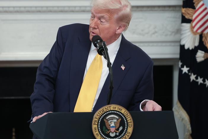 President Donald Trump addresses Gov. Janet Mills (D-ME) after she said, "See you in court" over the issue of trans women in sports at meeting of governors at the White House on February 21, 2025 in Washington, DC.