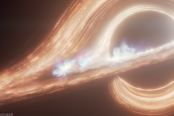 This artist's concept shows Sagittarius A*, a supermassive black hole at the center of the Milky Way galaxy, surrounded by a swirling accretion disk of hot gas. Flaring hot spots that resemble solar flares are seen in the disk. <br>