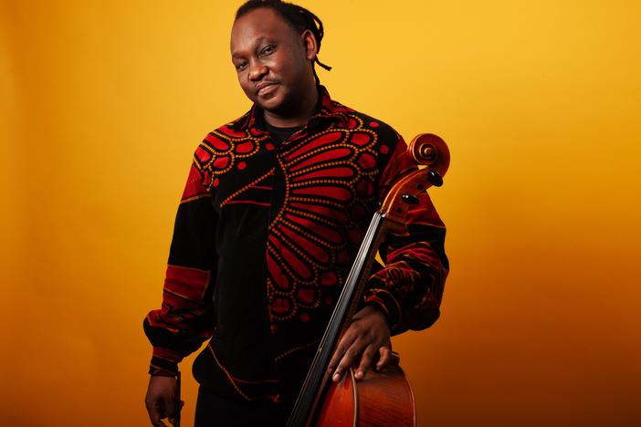 South African cellist and composer Abel Selaocoe pictured Monday, Feb. 3, 2025, at NPR headquarters in Washington, D.C.