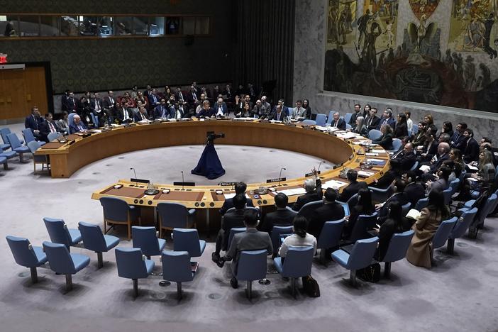 The UN Security Council votes, Monday, Feb. 24, 2025, at the United Nations headquarters.