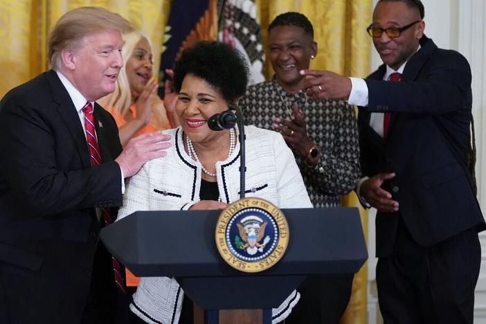 Alice Marie Johnson, who had her sentence commuted by President Donald Trump after she served 21 years in prison for cocaine trafficking, speaks during a celebration of the First Step Act in the East Room of the White House Apr. 1, 2019.