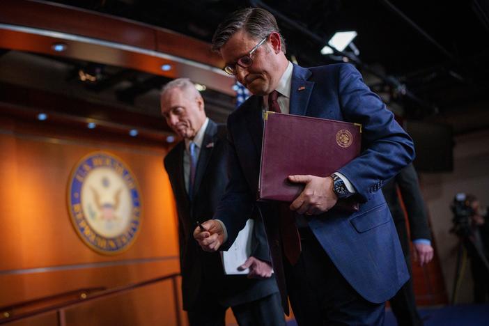 Speaker of the House Mike Johnson, R-La., (right) departs a news conference alongside House Majority Leader Steve Scalise, R-La., at the U.S. Capitol on Tuesday.