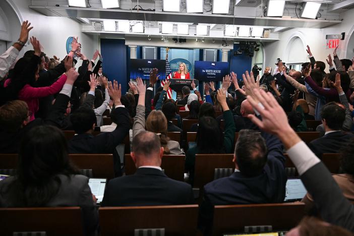 White House press secretary Karoline Leavitt takes questions during the daily briefing in the Brady Briefing Room of the White House on Feb. 25, 2025.