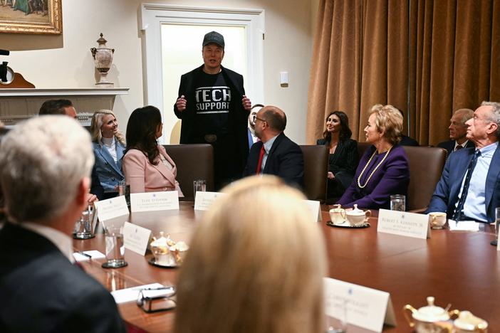 Elon Musk, who oversees the Trump administration's Department of Government Efficiency, wears a shirt that says "Tech Support" as he speaks during President Trump's Cabinet meeting Wednesday at the White House.