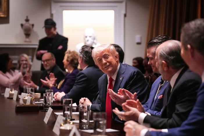 President Trump delivers remarks during his first Cabinet meeting of his second term at the White House on Feb. 26, in Washington, D.C. The meeting includes Tesla and SpaceX CEO Elon Musk, head of a Trump administration team called the Department of Government Efficiency.