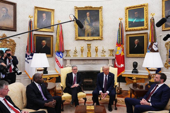 President Donald Trump meets with British Prime Minister Keir Starmer in the Oval Office on Thursday. Starmer is on his first visit to the White House since Trump returned to office.