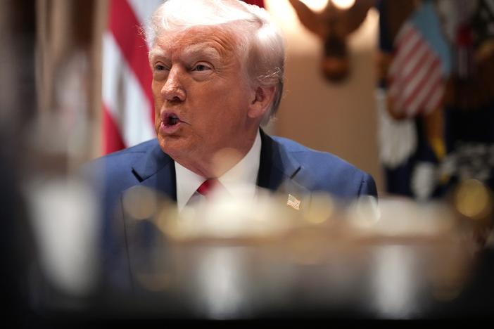 President Trump delivers remarks during a Cabinet meeting at the White House on Wednesday. During the meeting, Trump said he was looking at implementing tariffs against Canada and Mexico starting in April.