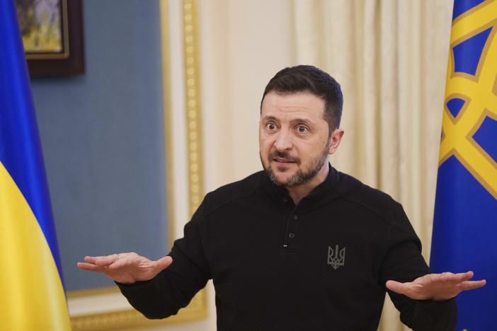 Ukrainian President Volodymyr Zelenskyy speaks to journalists during press conference in Kyiv, Ukraine, Wednesday.