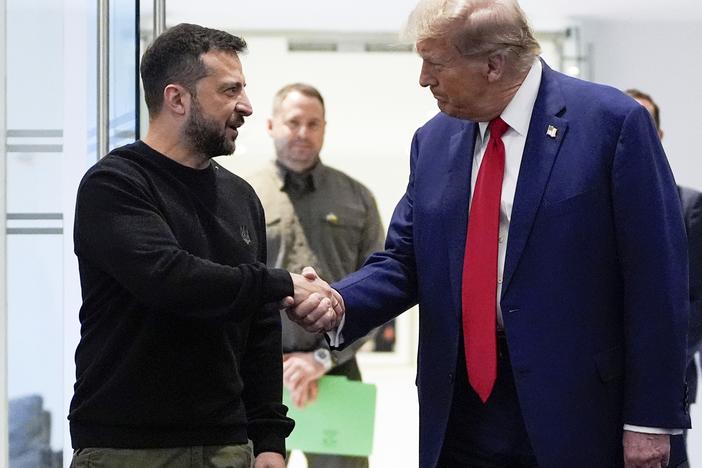 Trump and Ukraine's President Volodymyr Zelenskyy shake hands during their meeting at Trump Tower, Sept. 27, 2024, in New York.