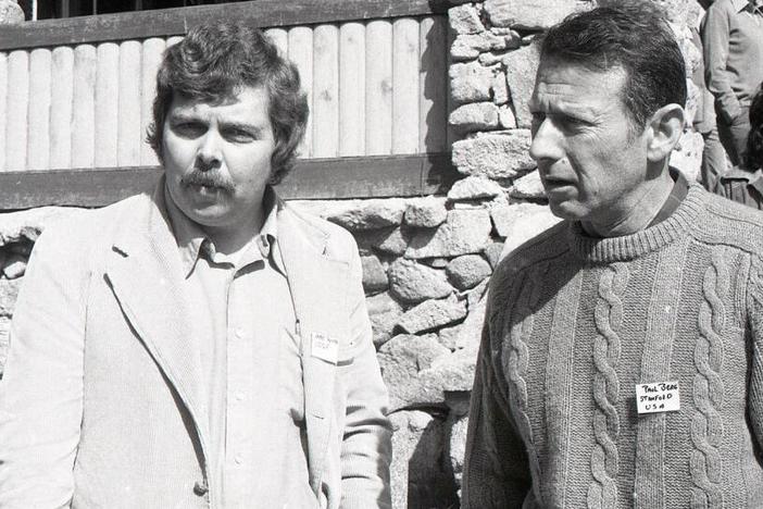 Biochemists Herbert Boyer (UCSF) and Paul Berg (Stanford) at a conference at Asilomar, February 26, 1975.