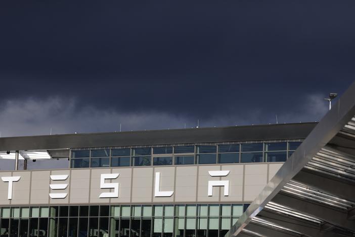 Clouds loom over Tesla's gigafactory near Berlin, in November 2024. Data released this week by a European trade group shows that new Tesla registrations in January 2025 have dropped sharply, compared to January of last year.