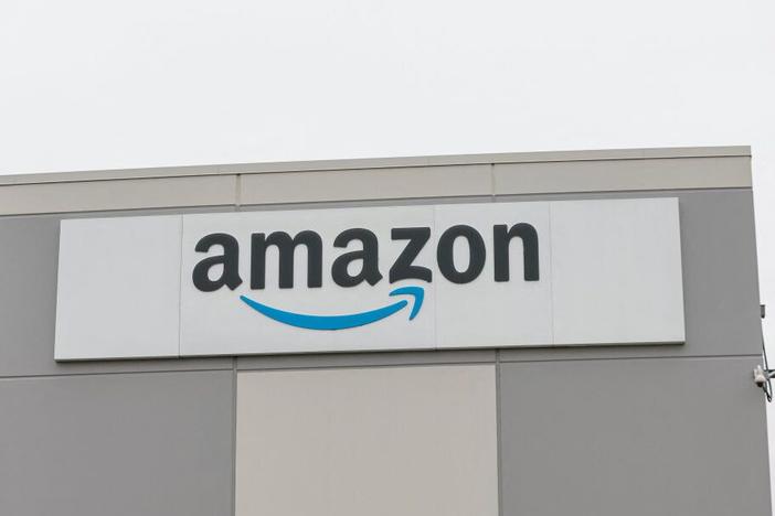 Amazon logo is seen outside Amazon delivery station in Skokie, Illinois on Dec. 19 2024.