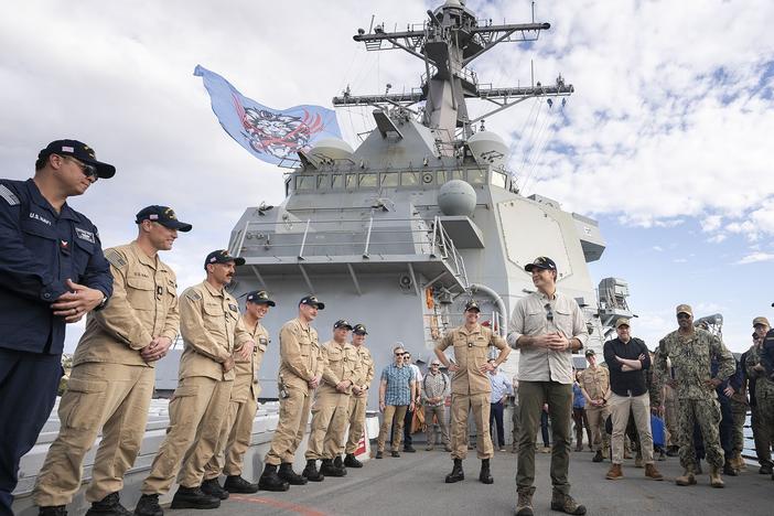 Secretary of Defense Pete Hegseth meets with Sailors assigned to Arleigh Burke-class guided-missile destroyer USS Hudner (DDG 116) during his visit to Naval Station Guantanamo Bay, Cuba, Feb. 25, 2025.