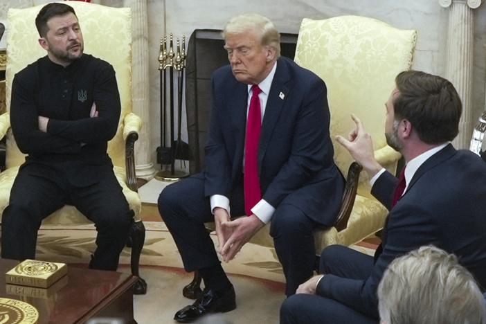 Vice President JD Vance, right, speaks with Ukrainian President Volodymyr Zelenskyy, left, as President Donald Trump listens in the Oval Office at the White House, Friday, Feb. 28, 2025, in Washington.