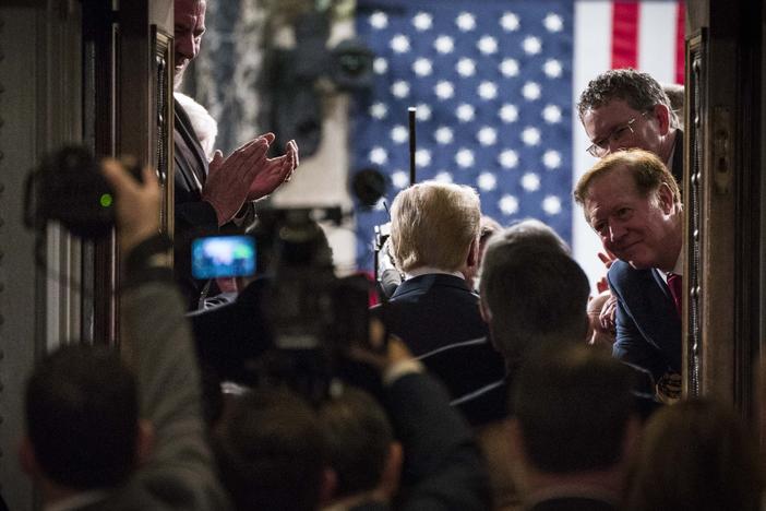 President Trump arrives to deliver the State of the Union address in the chamber of the U.S. House of Representatives on Feb. 4, 2020.
