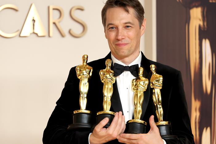 Sean Baker, who won Oscars for directing, film editing, original screenplay and best picture for <em>Anora</em>, poses in the press room during the 97th Academy Awards.