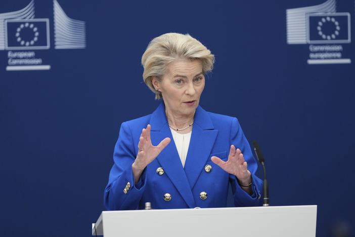 European Commission President Ursula von der Leyen speaks during a media conference on a defense package in Brussels, Tuesday.