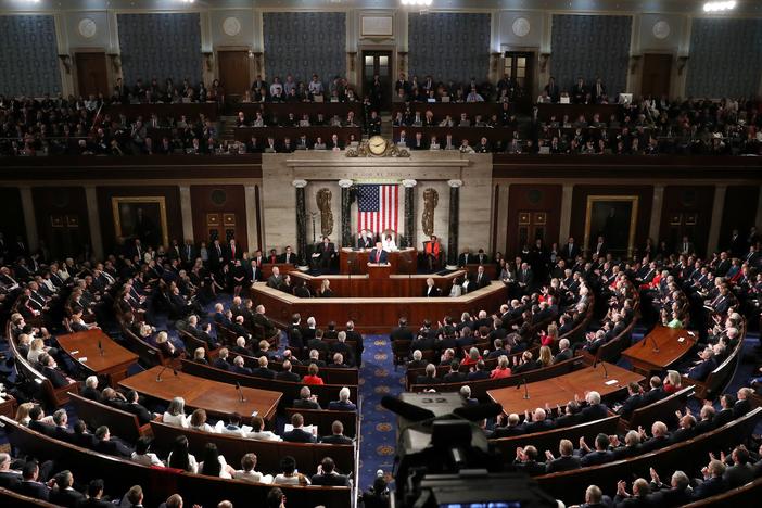 President Trump during his last State of the Union address on Feb. 4, 2020. Trump will return to Capitol Hill on Tuesday to deliver an address to a joint session of Congress.