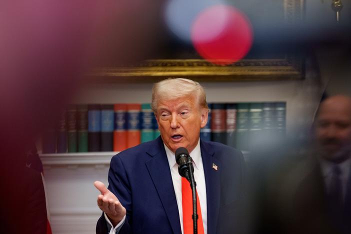 President Trump speaks in the Roosevelt Room of the White House on Monday after announcing that Taiwan Semiconductor Manufacturing Co. plans to invest $100 billion in new manufacturing facilities in the U.S.