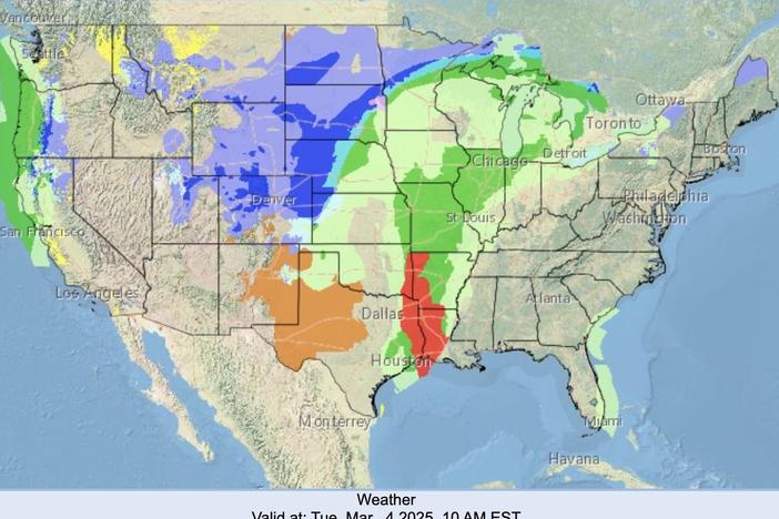 This graphic by the National Weather Service shows forecasted weather conditions across the U.S. for Tuesday, March 4, 2025.