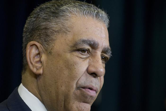 Rep. Adriano Espaillat, D-N.Y., speaks during a press conference by the Congressional Hispanic Caucus on immigration and border priorities, on Feb. 6, 2025, in Washington.