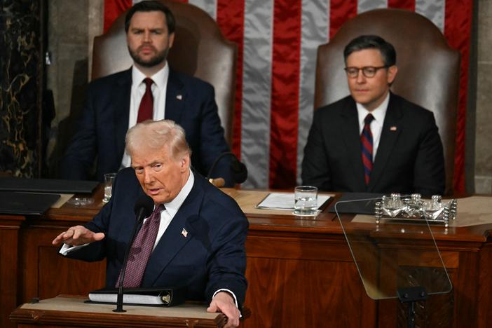 President Trump speaks during an address to a joint session of Congress at the Capitol in Washington, DC, on March 4, 2025.