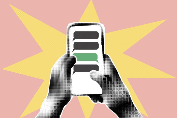 Collage with a pair of hands in halftone style holding a cell phone showing alternating text message bubbles in gray and green. A yellow starburst with a coral background highlights the phone from behind.