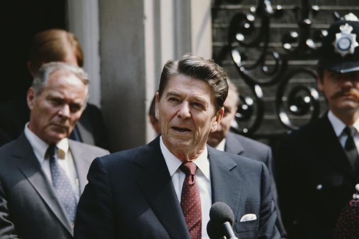 President Ronald Reagan during a state visit to London in June 1982. Reagan laid the rhetorical foundations for the National Endowment for Democracy in a speech during that visit.
