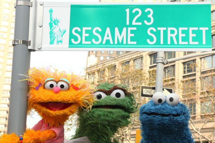 <em>Sesame Street</em> characters pose under a "123 Sesame Street" sign at the "Sesame Street" 40th Anniversary temporary street renaming in Dante Park on November 9, 2009 in New York City.   (Photo by Astrid Stawiarz/Getty Images)