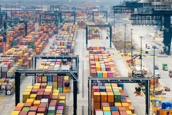 Shipping containers sit at the Port of Houston in Texas last month. A raft of new tariffs on imports from China, Canada and Mexico has companies and consumers scrambling.
