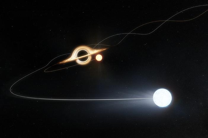An artists impression of a black hole flinging a hypervelocity star out of the Large Magellanic Cloud.
