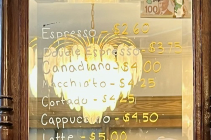 Coffee shop menu in Toronto displaying Canadiano as an option.