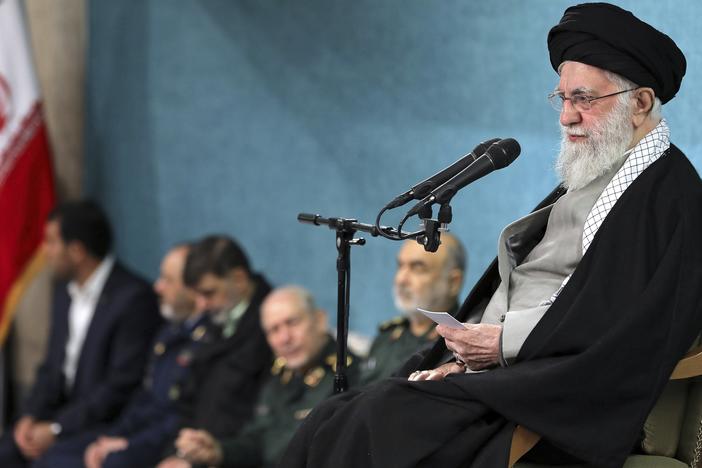 In this photo released by an official website of the office of the Iranian supreme leader, Supreme Leader Ayatollah Ali Khamenei speaks in a ceremony meeting a group of officials, in Tehran, Iran, Saturday, March 8, 2025. (Office of the Iranian Supreme Leader via AP)