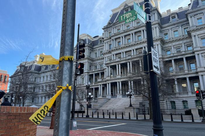 Police tape at the scene where Secret Service officers say shot a man near the White House. Washington D.C., 17th and F St NW, Mar. 9 2025.