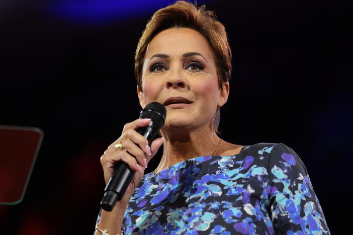 Kari Lake, U.S. President Donald Trump's choice to lead Voice of America, is shown speaking at the Conservative Political Action Conference (CPAC) at the Gaylord National Resort Hotel And Convention Center on Feb. 21, 2025 in Oxon Hill, Maryland.
